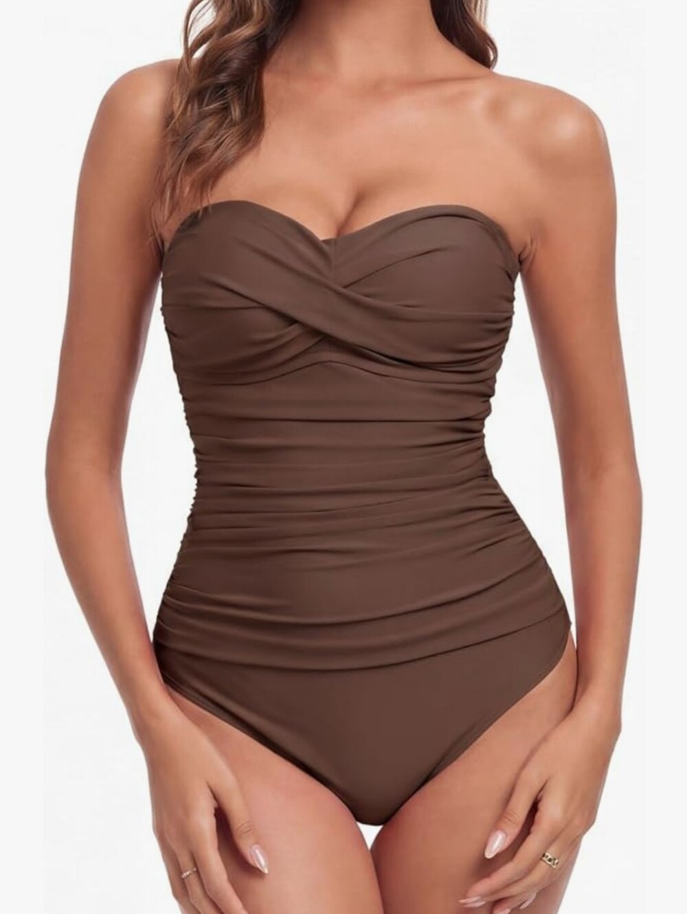 RELLECIGA Strapless Bandeau Ruched One-Piece Swimsuit - Brown Med